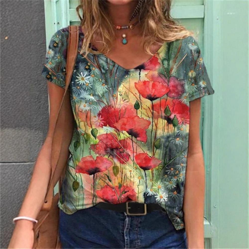 Summer Fashion 3D Floral Print Women's Loose V-neck Short Sleeved T-shirt