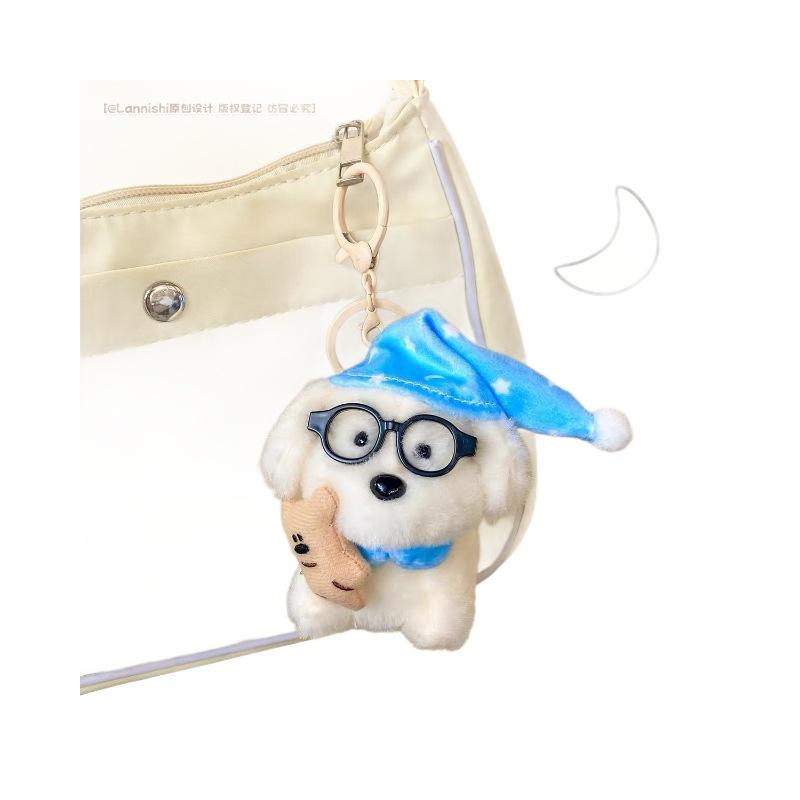 Cute Sleeping Dog Plush Keychain With Glasses Cartoon Puppy Backpack Pendant Soft Stuffed Animal Bag Charm Good Night Gift