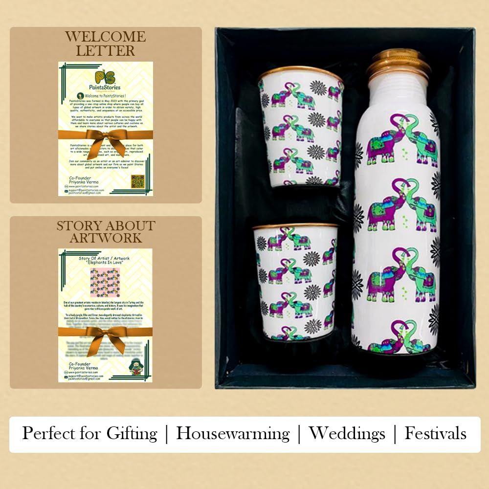 Elephants In Love Artistic Copper Water Bottle Set | Handcrafted Tamba Bottle with 2 Glasses | Premium Copper Water Bottle