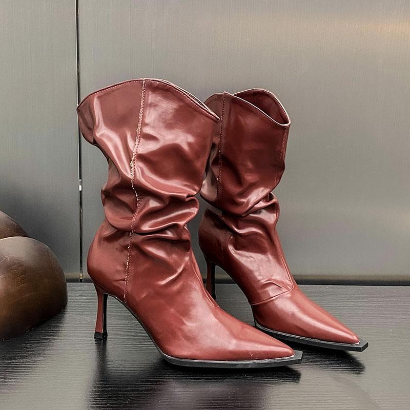 

Fashion Female Thin Heels Ladies Ankle Modern Boots Shoes Fashion Pointed Toe Women Chelsea Short Boots Slip On Shoes Pumps 35 красный