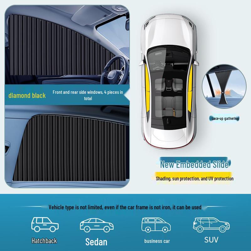 Automatic Retractable Car Sunshade Curtain with Embedded Blackout Privacy and Magnetic Track for Side Windows