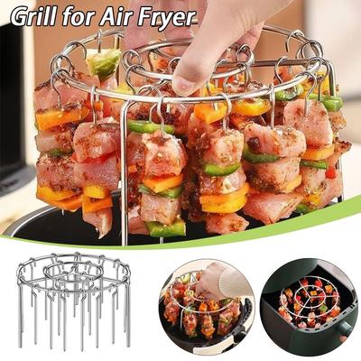 Portable Stainless Steel Air Fryer Grill Round with Grilled Skewers Barbecue Grill Vertical Grill Rack for Home Kitchen Outdoor