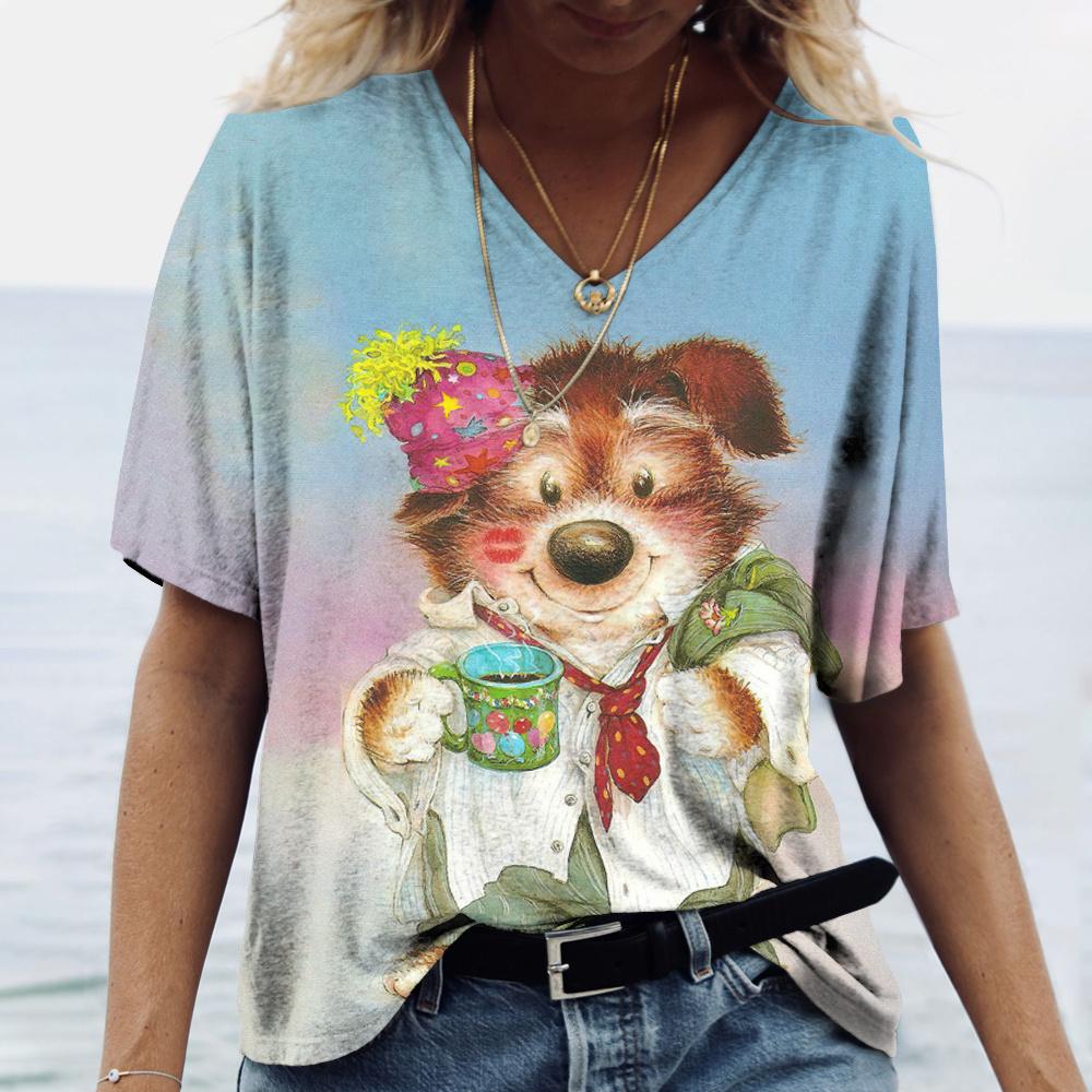 

Женский топ с v-образным вырезом, футболки с короткими рукавами, новинка лета, повседневная милая 3D-принт с милой собакой в ​​стиле Харадзюку, универсальная одежда Y2K европейского размера