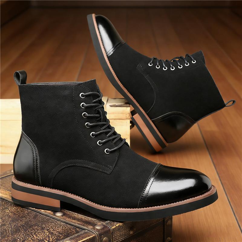 New Designer Pointed Mixed Color Lace Up Business Casual Ankle Boot for Men Winter High Tops Motorcycle Chelsea Leather Shoes