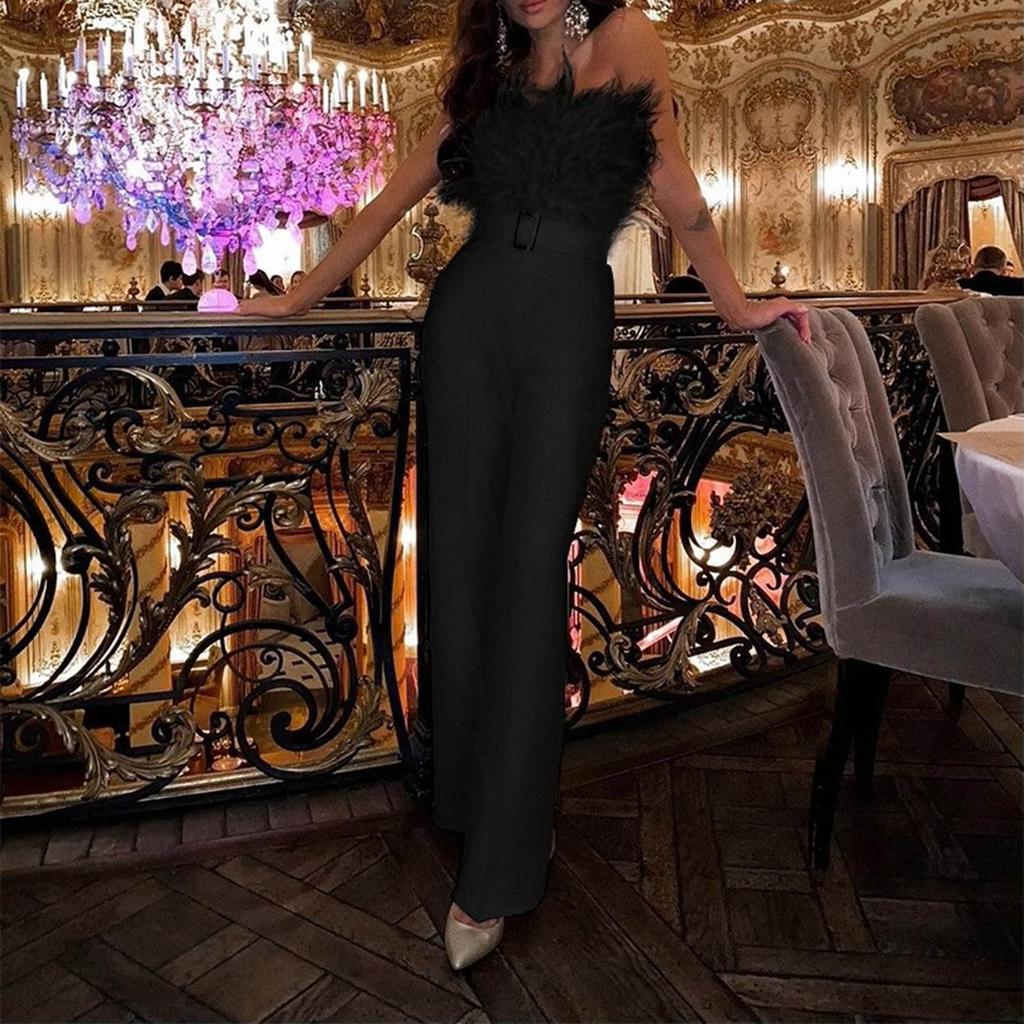Women's Fashion Casual Feather Top Breast Sexy Sleeveless Jumpsuits
