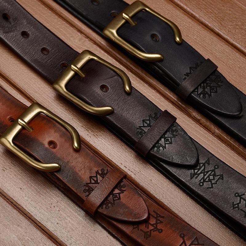 Genuine Leather Thickened Retro Cowhide Men's Belt - Handmade, Embossed, Casual, Versatile Jeans Waistband