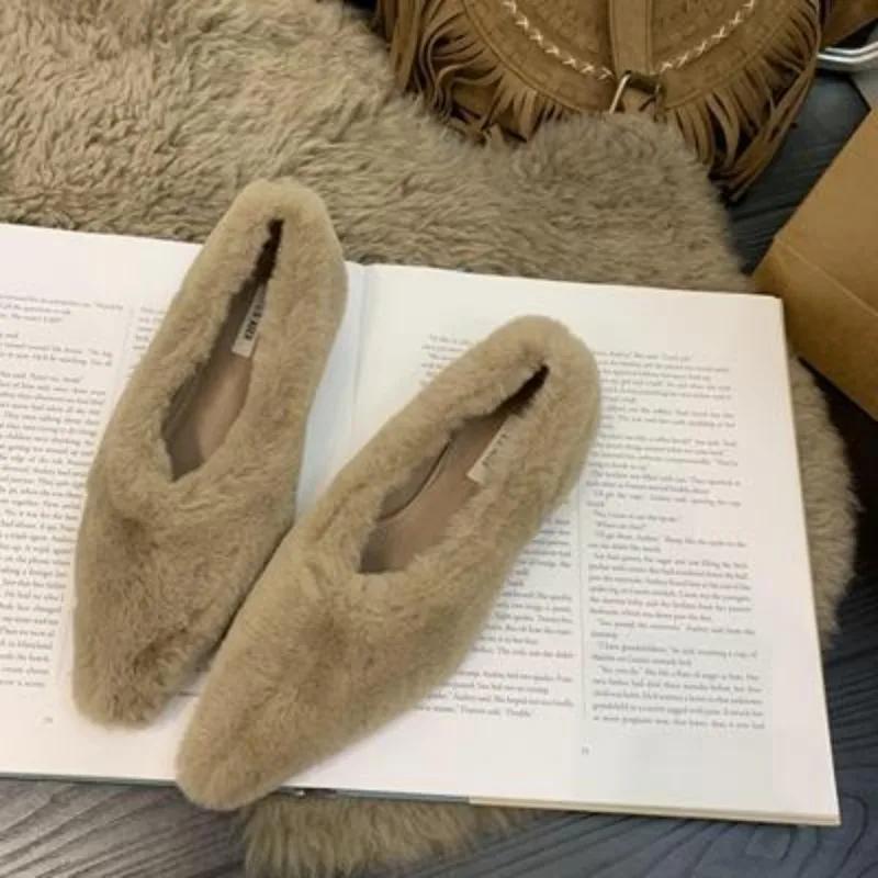 Pointed Toe Fur Ballet Flat Woman Shoes Winter Warm Plush Shallow Loafer Ladies Concise Furry Heeled Dress Shoes  Mujer