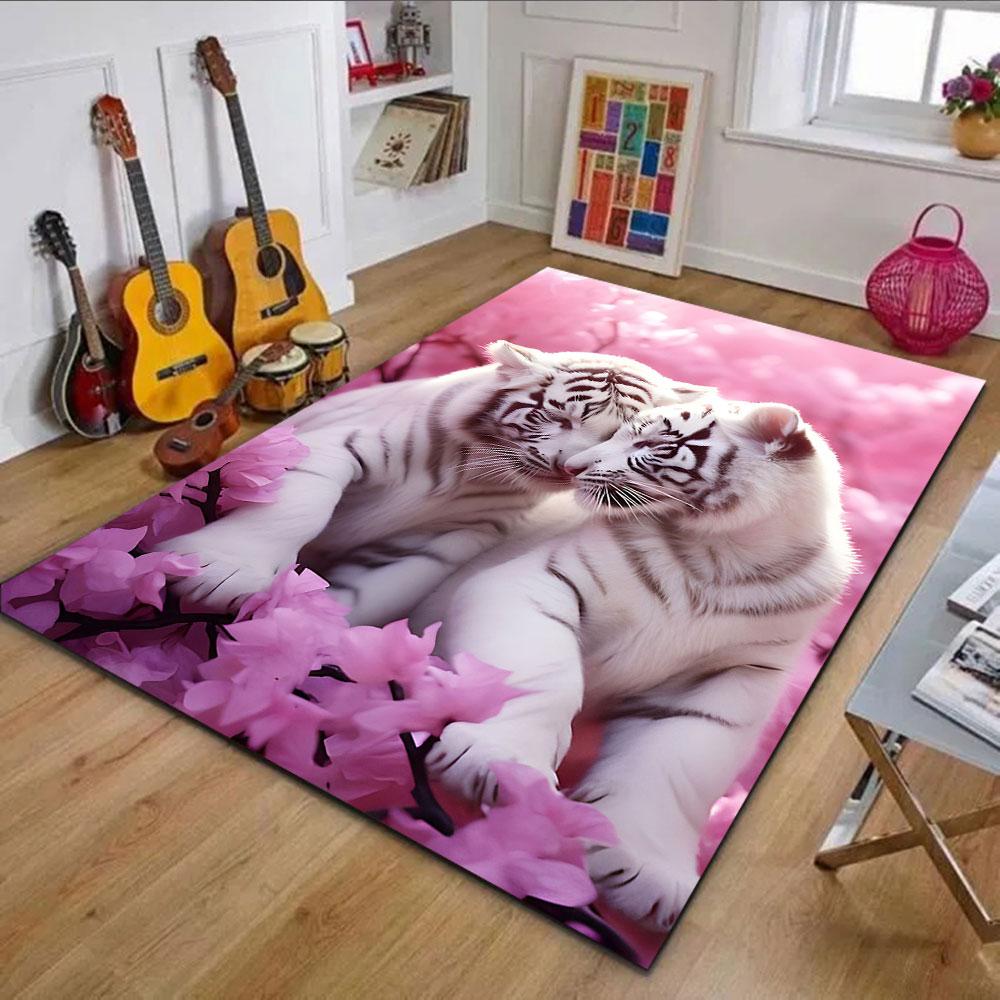 "White Tigers in Pink Blossom Scenery" Patterned carpet, non slip mat suitable for living room and bedroom sofas