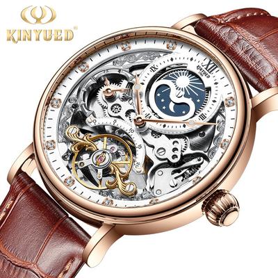 KINYUED Marca Top Relógios de Luxo Masculinos Ouro Rosa Esqueleto Tourbillon Automático Mecânico Relógio para Homens À Prova d'Água