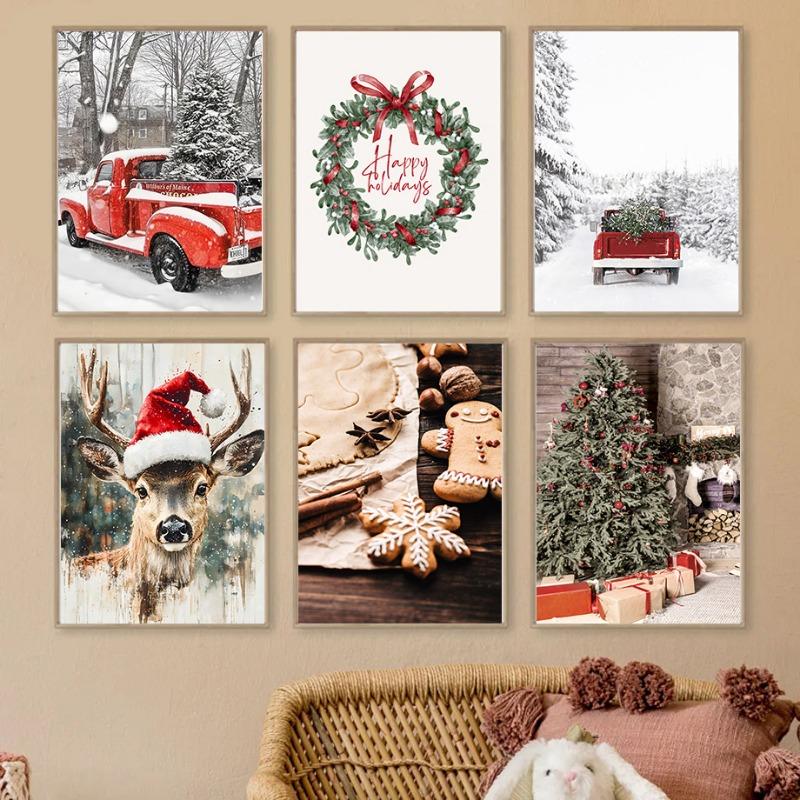 Winter Forest Snow Scene Red Truck Wall Art Poster Christmas Tree Gingerbread Man Holiday Canvas Painting for Bedroom Decoration