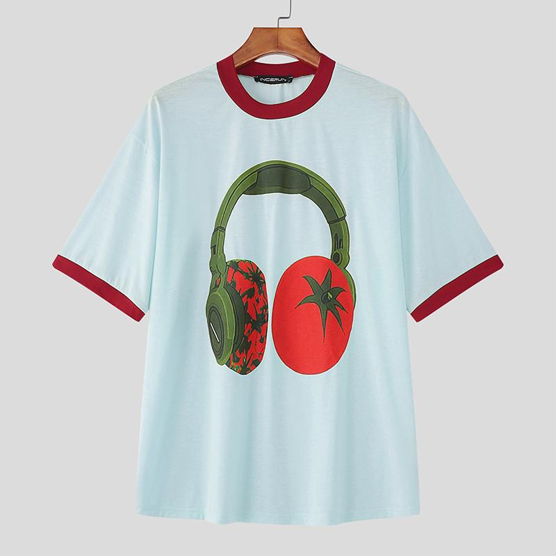 

INCERUN Men Round Neck Short Sleeve 3D Print Stitching Casual Loose T-shirts 2XL синій