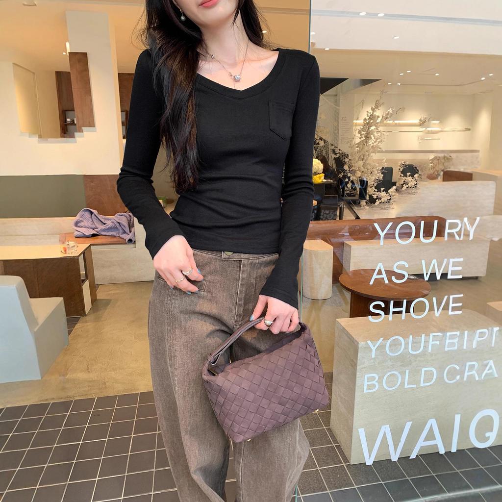 Korean Style Pink V-Neck Slimming Cropped Long Sleeve Women's Top - Autumn/Winter Collection