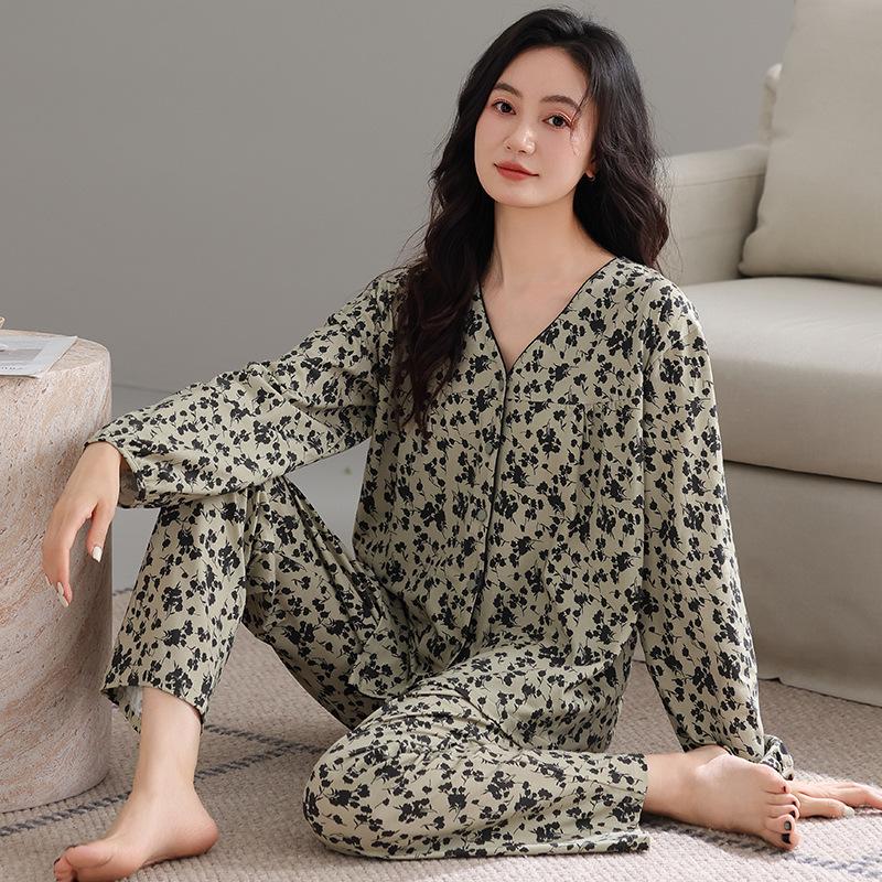 Pajamas Women's Spring and Autumn Cotton Long-sleeved 1011 New Autumn and Winter Middle-aged Mother Casual Large-size Loungewear Set