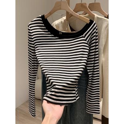 Lazy Style Knitted Striped Loose Slanted Shoulder Top for Women's Autumn New Slim Long-sleeved T-bottom Shirt