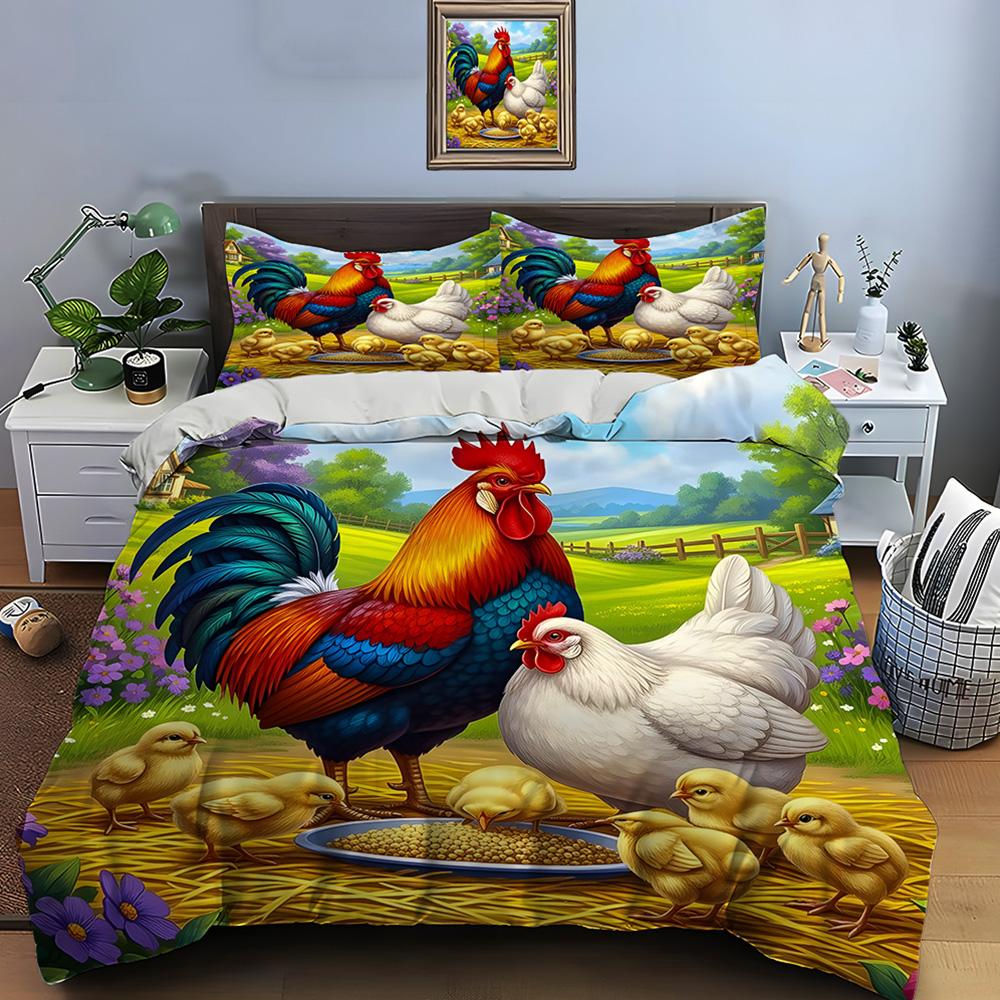 Farm Rooster Hen and Chicks Print Soft Comfortable Duvet Cover Bedding Set Included 1*Duvet Cover 2*Pillowcases Luxury Gifts