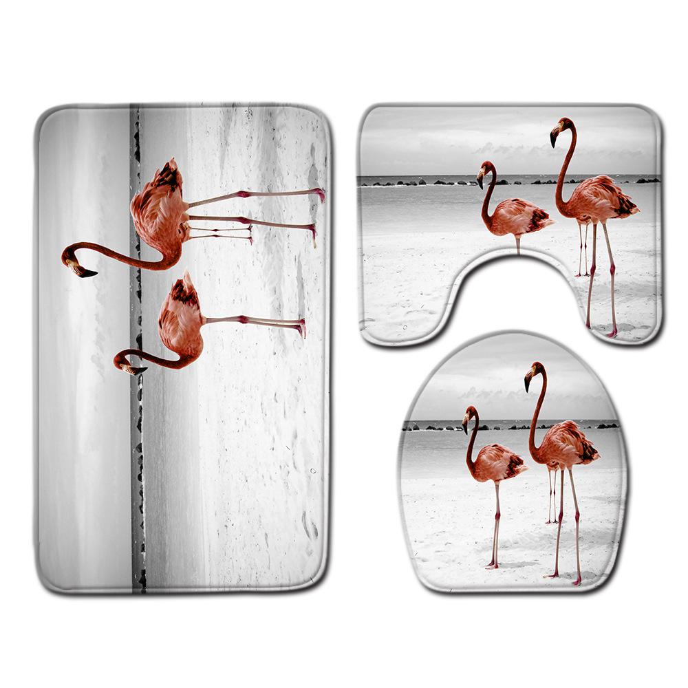 European And American Style Pink Cute Animal Flamingo Floor Mat Carpet Girl Heart Hand-Painted Illustration Toilet Three-Piece Set
