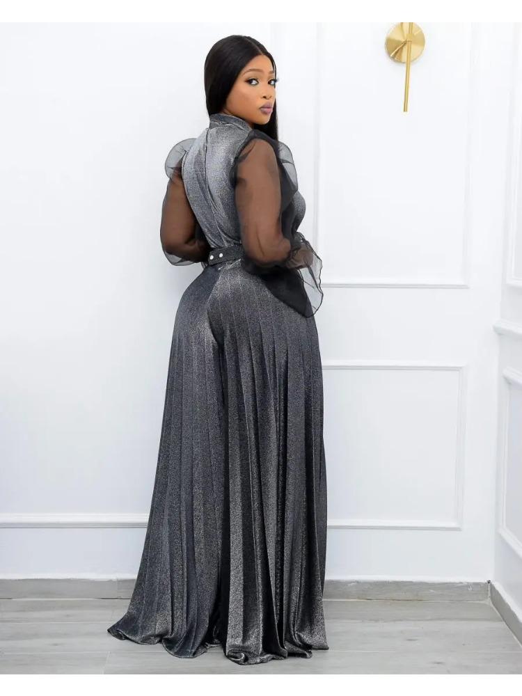 Plussstørrelse Dame Fløyel Jumpsuits Skinne lange ermer Plisserte bukser med vidde ben One Piece Antrekk Vintage Elegante festbukser