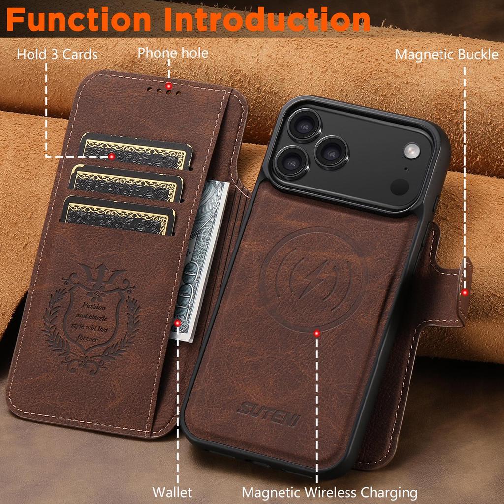 iPhone17ProMax Magnetic Leather Flip Case with Card Slot and Wireless Charging Stand