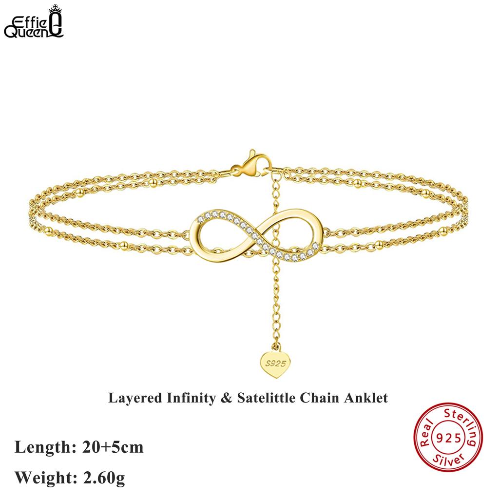Effie Queen Layered Infinity & Satellite Chain Anklet 925 Sterling Silver Gold Plated Simple Women Beach Foot Jewelry Chain SA16