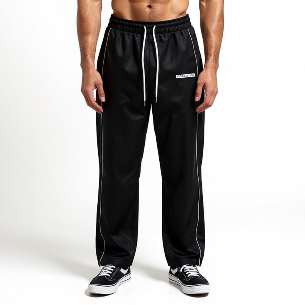 Pantalones de chándal para hombre casuales a rayas deportivos de pierna recta ajuste holgado con cordón versátiles pantalones largos