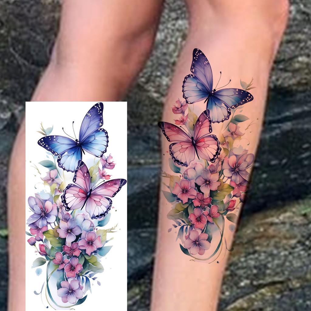 1 Sheet Butterfly Watercolor Flower Tiger Temporary Tattoos For Women Men Adults Fake Phoenix Parrot Lotus Tattoo Sticker Sleeve