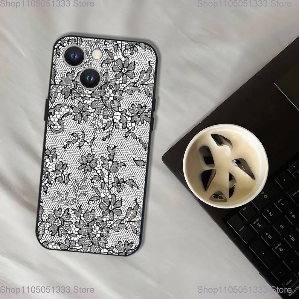 Vintage Lace Phone Case For iPhone 17,16,15,14,13,12,11,Pro,XS,Max,XR,Plus,E,SE4,Mini Black Soft Cover