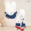 Women Plus Size Round Neck Three Quarter Sleeve Printed Red White Blue Flared Top And Flared Pants Set