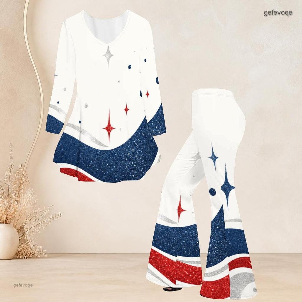 Women Plus Size Round Neck Three Quarter Sleeve Printed Red White Blue Flared Top And Flared Pants Set