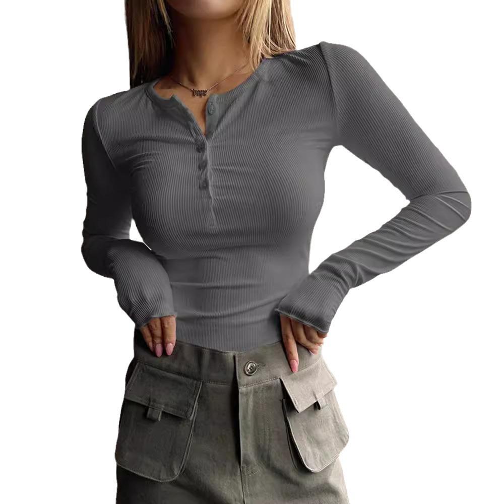 Women’s Button-up Ribbed Fitted Fresh and Sweet Long-sleeved Knitted Top