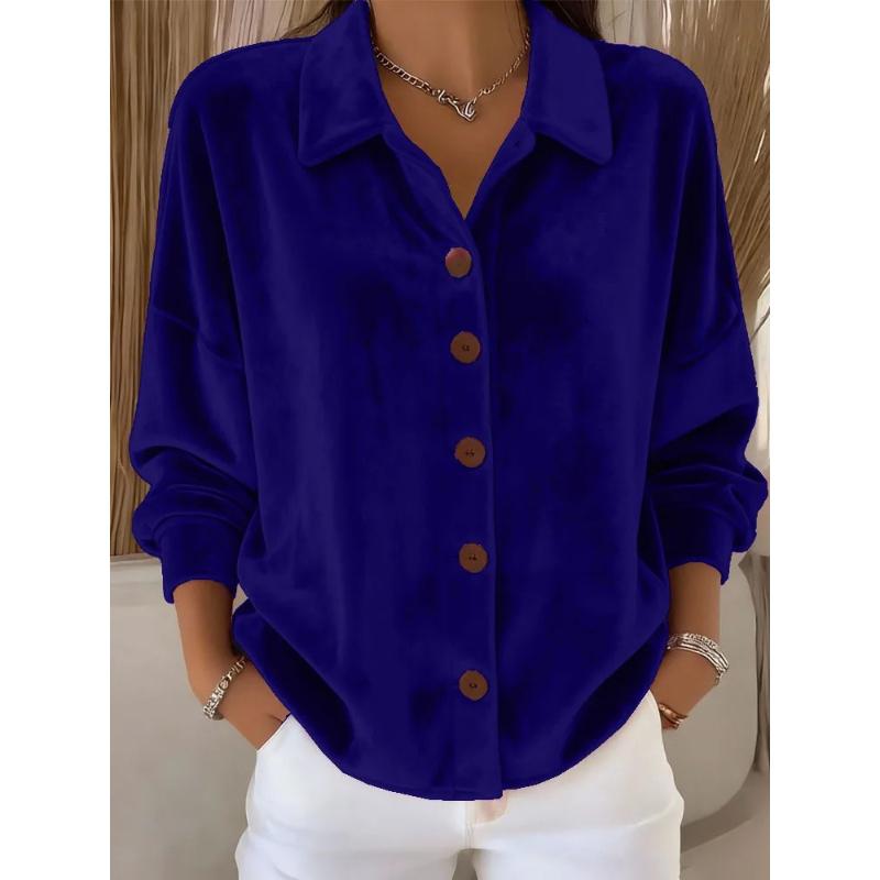 Women's Velvet Shirt - Casual Long Sleeve Collared Cardigan, Retro Velvet Blouse