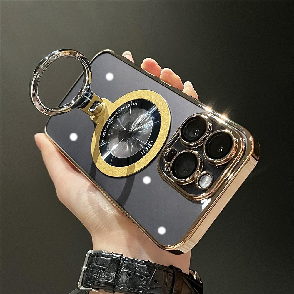 Transparent Plating Metal Ring Bracket Magsafe Mganetic Case for iPhone 15 13 12 14 Pro Max Stand Holder Lens Protection Cover