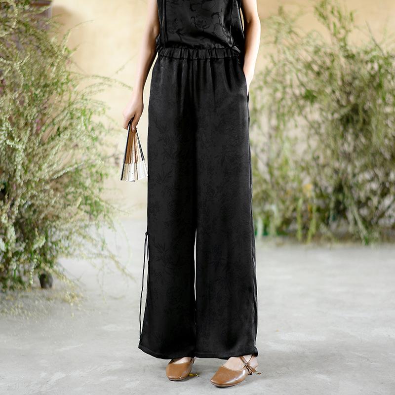 

Johnature Женские винтажные жаккардовые прямые брюки с эластичной талией, летние женские длинные брюки в китайском стиле M чёрный