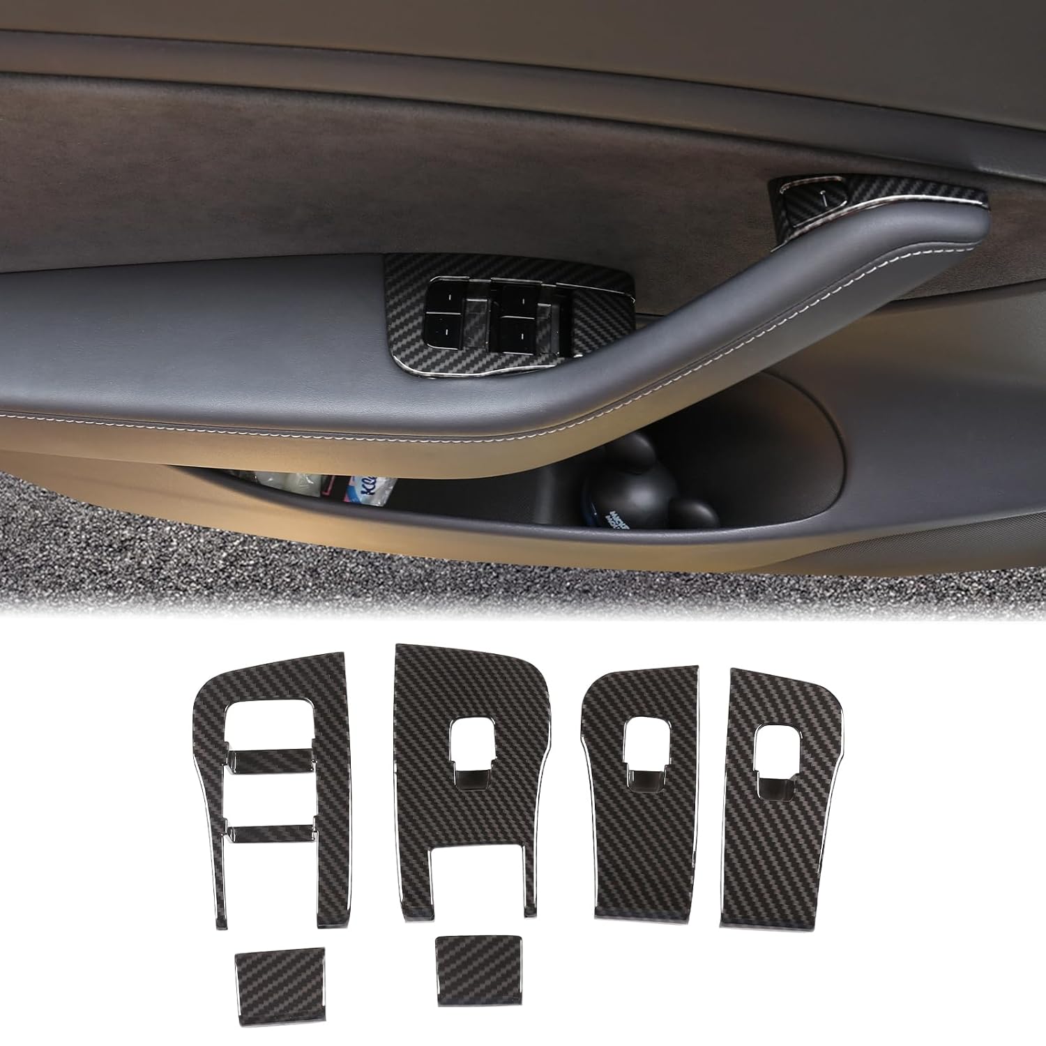 Car Door Window Glass Lift Button Panel Trim Cover Compatible with Tesla Model 3 2017-2023/Model Y 2020-2023, Front Rear Doors Armrest Window Control Carbon Fiber Pattern