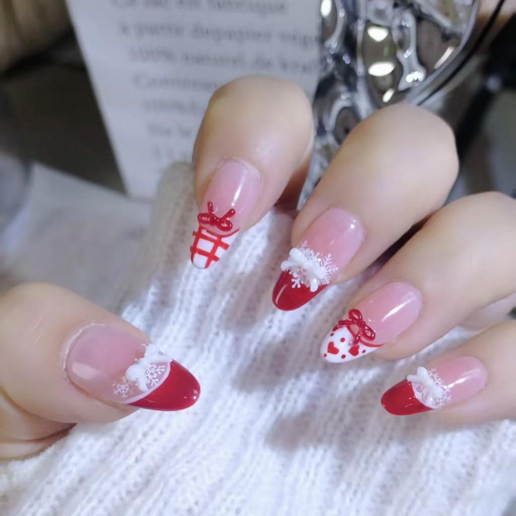 Handmade Christmas Red Lace Bow Heart Plaid Nails - Girly Brightening Manicure