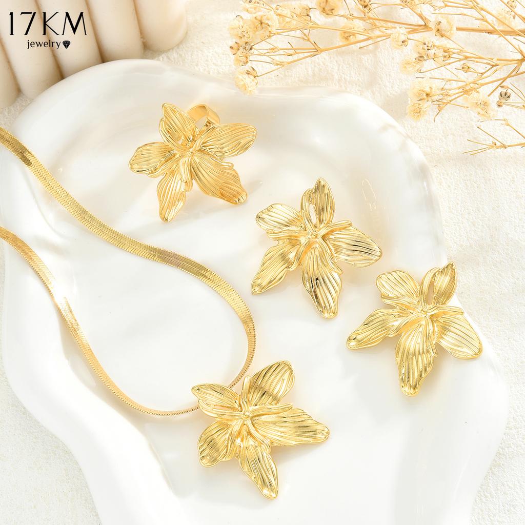 17KM 4 Piece Flower Earrings Ring Necklace Set Fashion Jewelry Women Trendy Shiny Daily Party Accessory Gift For Her
