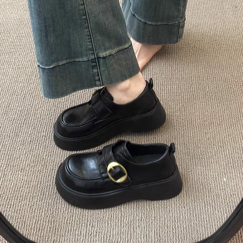 Doudou Autumn New One-pedal Black Single Shoes Platform-soled Small Leather Shoes Women