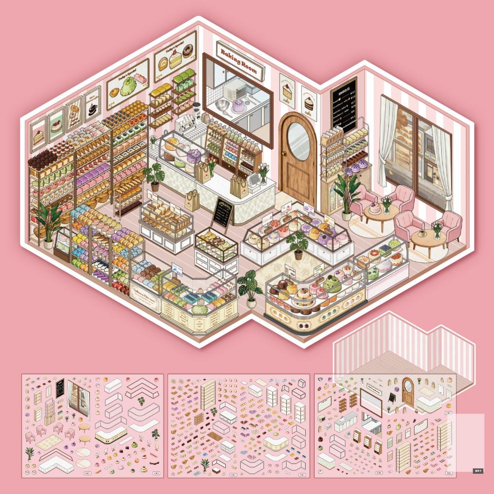 New Bread Shop Series Miniature Landscape Sticker DIY Large Size Cabin Scene Sticker Gift PET Toy Game Stickers