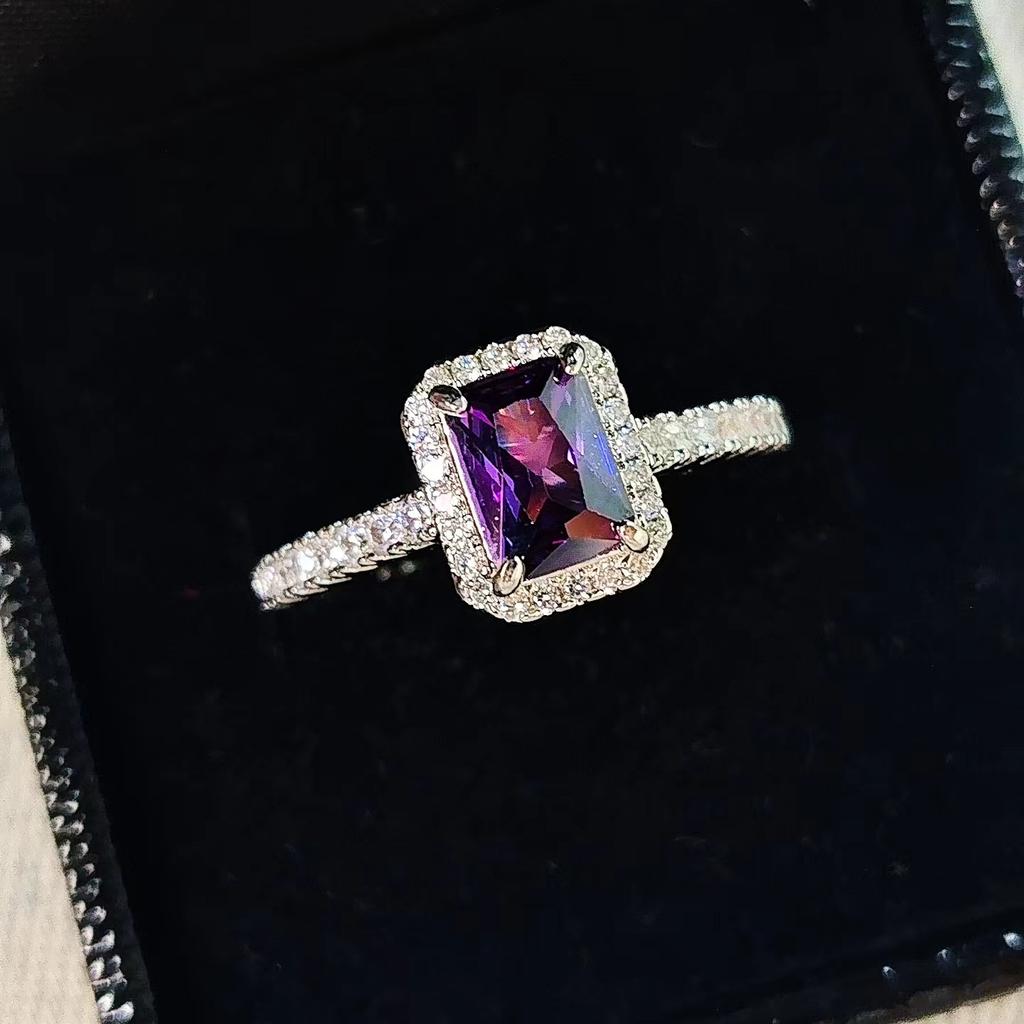 Style Accessories Niche Personality Ladder T Square Zircon Live Ring Women'S Rock Sugar Square Diamond Ring Light Luxury Jewelry