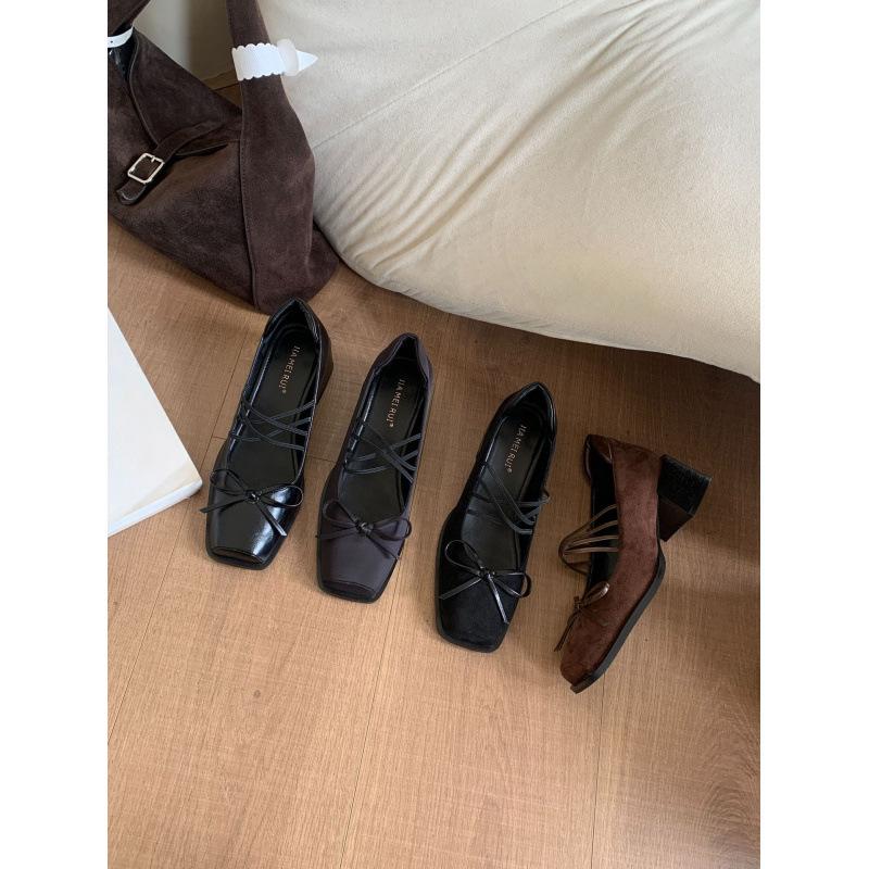 Brown French square head bow Mary Jane high heels 2025 autumn new retro thick heel light mouth single shoes