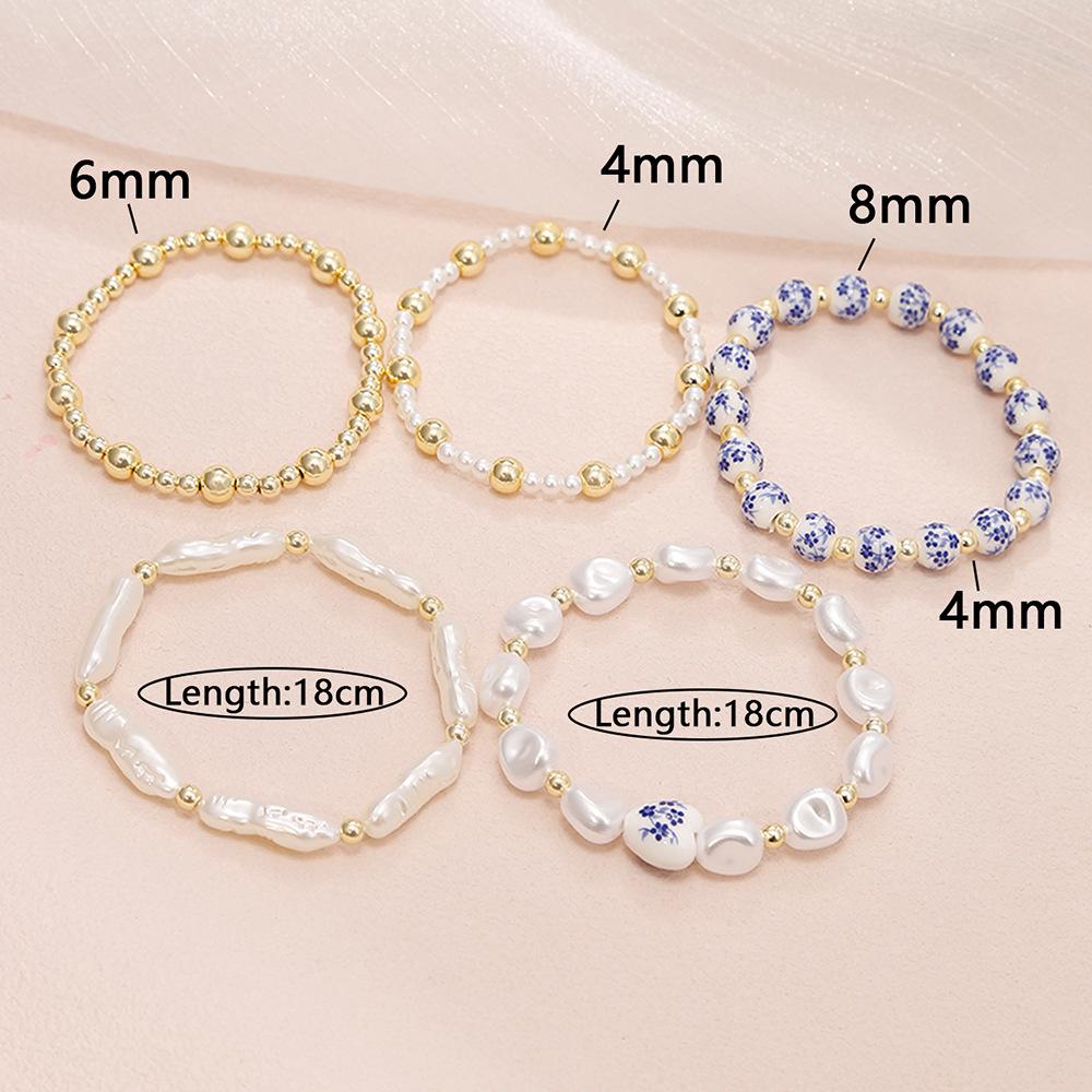 Elegant Blue & White Porcelain Gold Bead Bracelet with Faux Pearls and Layers