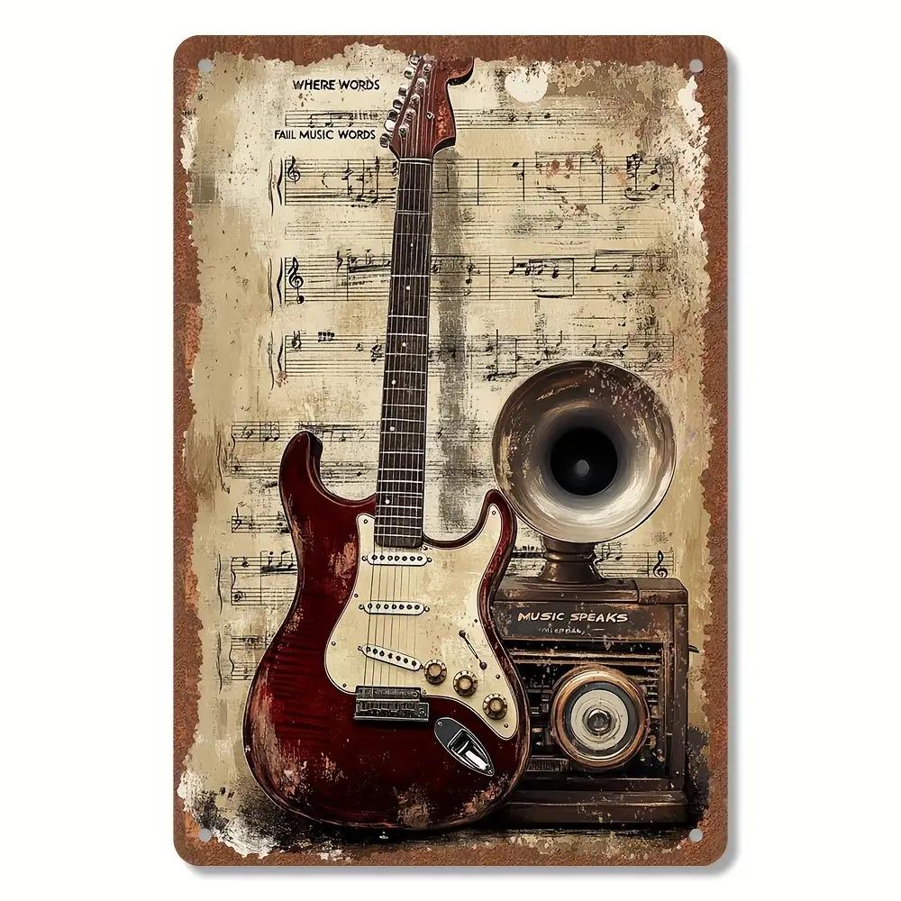 Vintage Metal Wall Art Electric Guitar Gramophone Pattern xIn Rustproof Weatherproof D Flat Metal Plate For Indoor Outdoor D