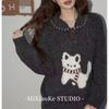 Women's Kitten Jacquard Knit Sweater: New Autumn/Winter Slimming Polo Collar, Age-Reducing Stylish Design.