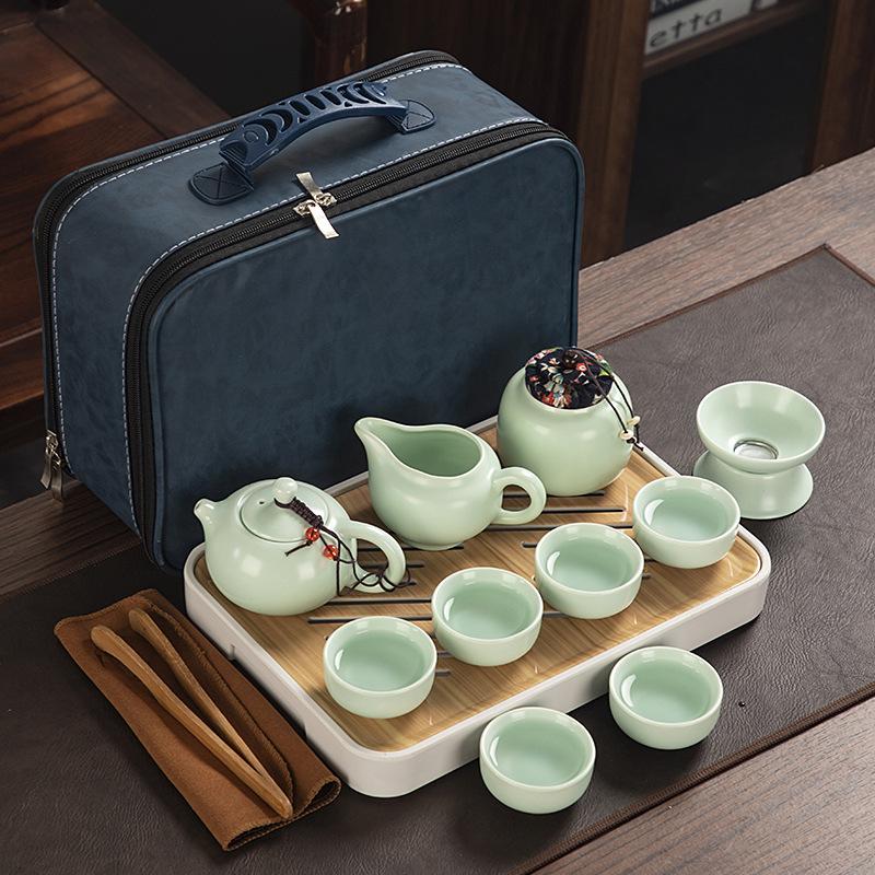 Travel ceramic Kung Fu tea set, tea tray, a full set of portable storage bags, practical business gifts for customers