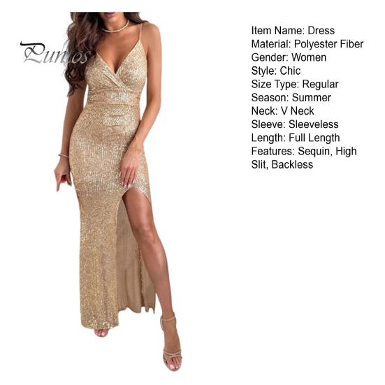 Lady Slip Dress V Neck Spaghetti Strap Backless Back Strapp Dress Zipper Closure Side Slit Sequin High Waist Maxi Dress for Wedding Birthday Party