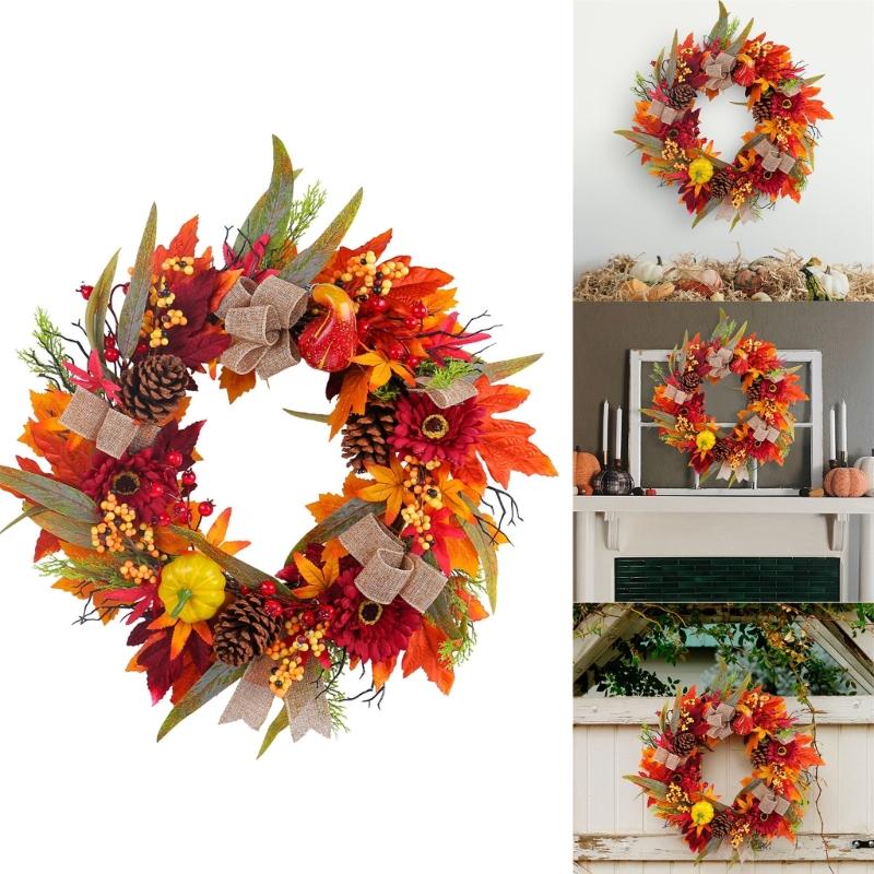 Artificial Autumn Wreath for Front Door Farmhouses Garden, Harvest Wreath with Pumpkins Thanksgiving Party Decorations