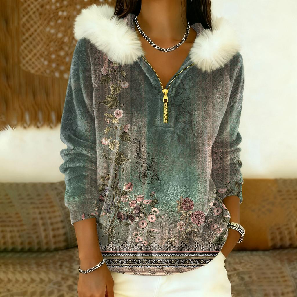 Lässiges und bequemes Damen-Freizeit-Top mit Kapuze, halbem Reißverschluss, langen Ärmeln und klassischem Aufdruck