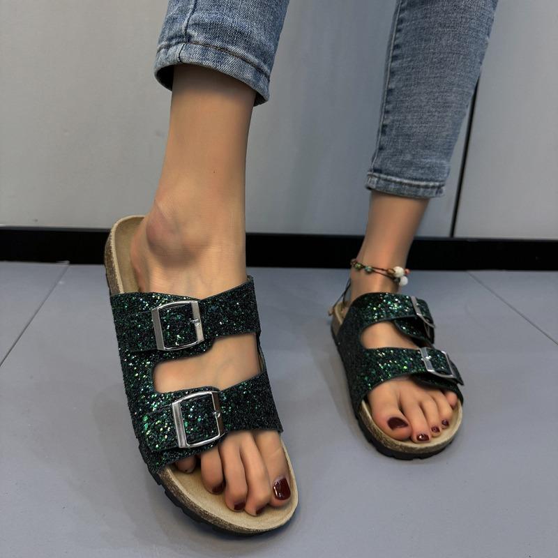 Cool slippers women's new large-size sequined one-word buckle women's slippers