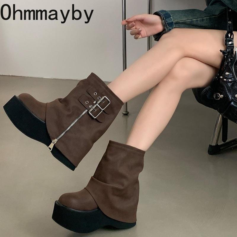 Thick Bottom Women Ankle Boots Designer Belt Buckle Platform Heel Shoes Autumn Winter Modern Short Booties