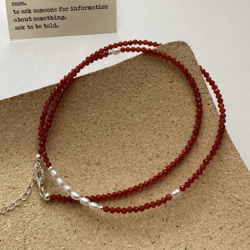 S925 Sterling Silver Niche Design Sense Red Spinel Pearl Necklace Korean Style Collarbone Chain 925 silver