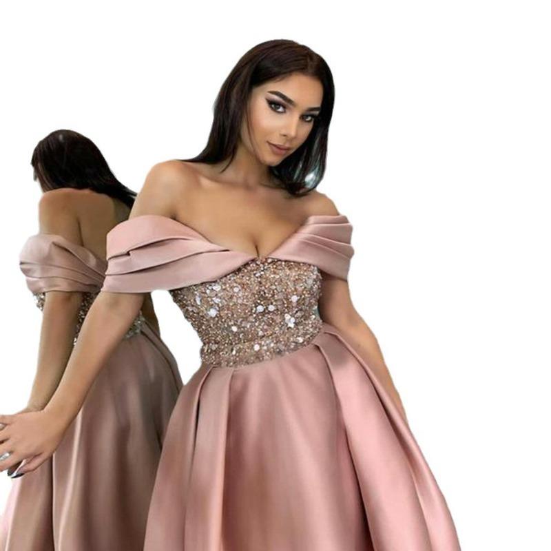 Vestido de Noche para Banquetes Simple y Atmosférico Largo y Delgado con Lentejuelas Hombros Descubiertos